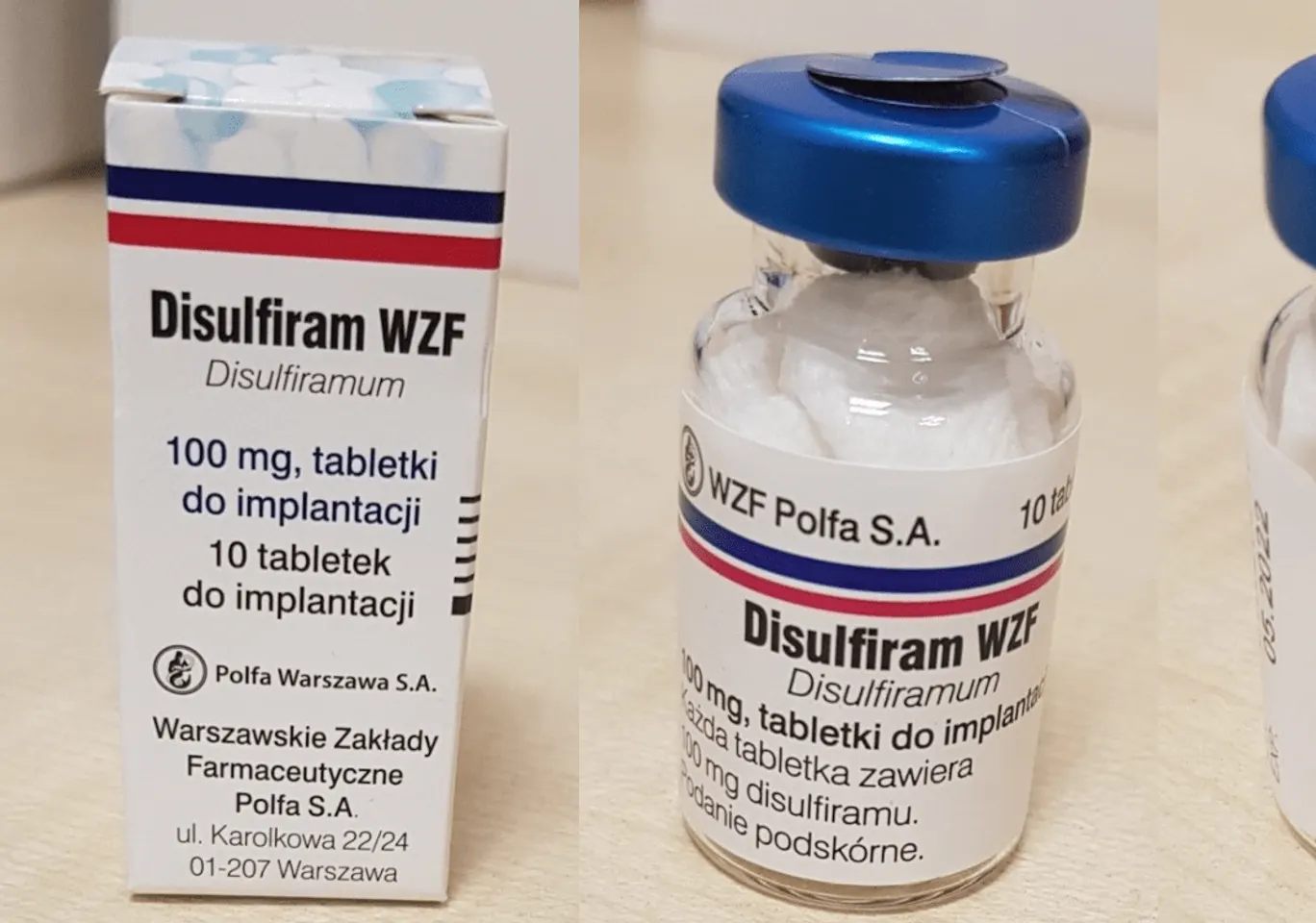 Wszywka alkoholowa Esperal / Disulfiram Białystok: fiolka disulfiramu obok opakowania leku